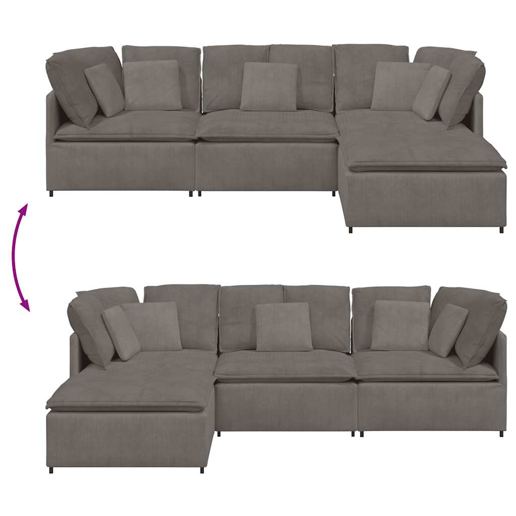 Sofá modular c/ pufes almofadas tecido corduroy cinzento-claro