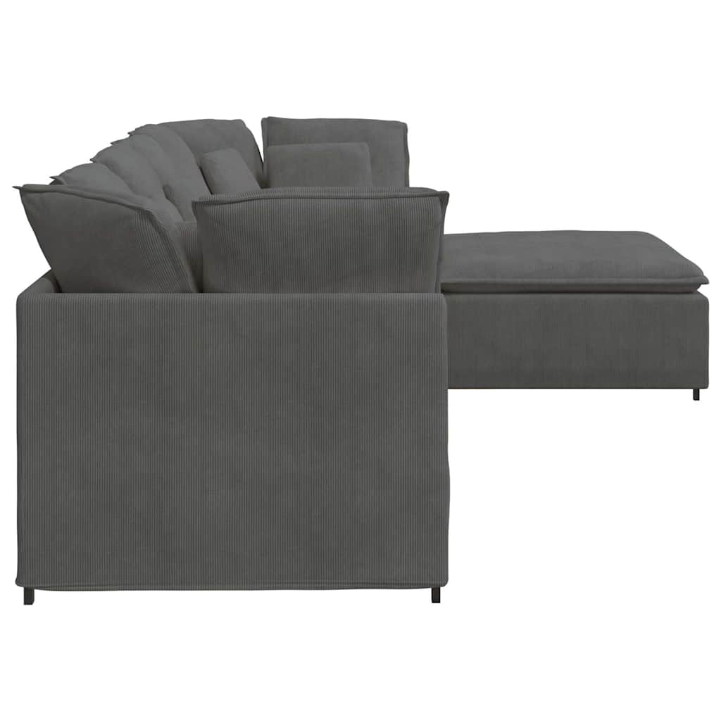 Sofá modular c/ pufes almofadas tecido corduroy cinzento-escuro