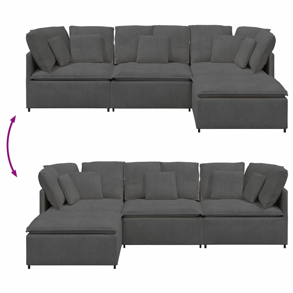 Sofá modular c/ pufes almofadas tecido corduroy cinzento-escuro