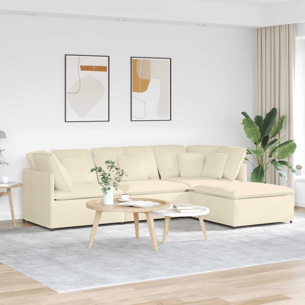 Sofá modular com pufes e almofadas tecido corduroy creme