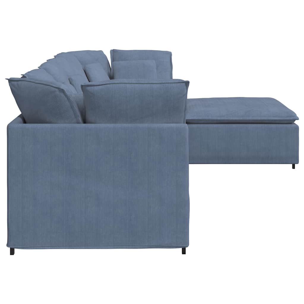 Sofá modular com pufes e almofadas tecido corduroy azul