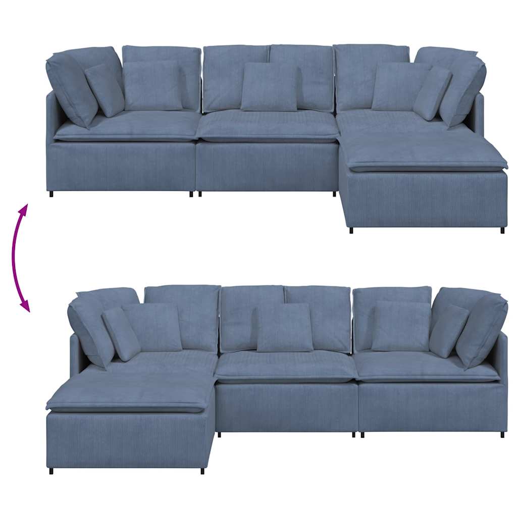 Sofá modular com pufes e almofadas tecido corduroy azul