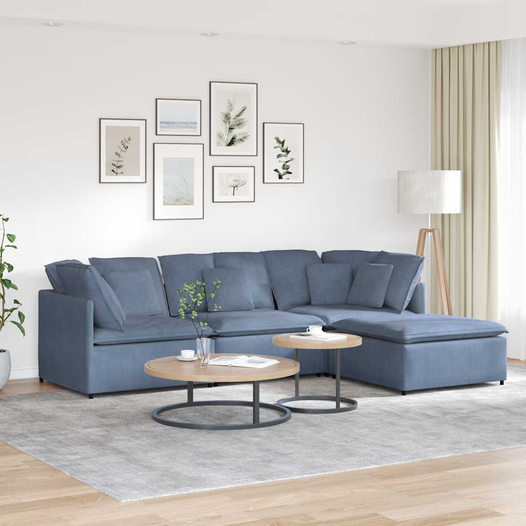 Sofá modular com pufes e almofadas tecido corduroy azul