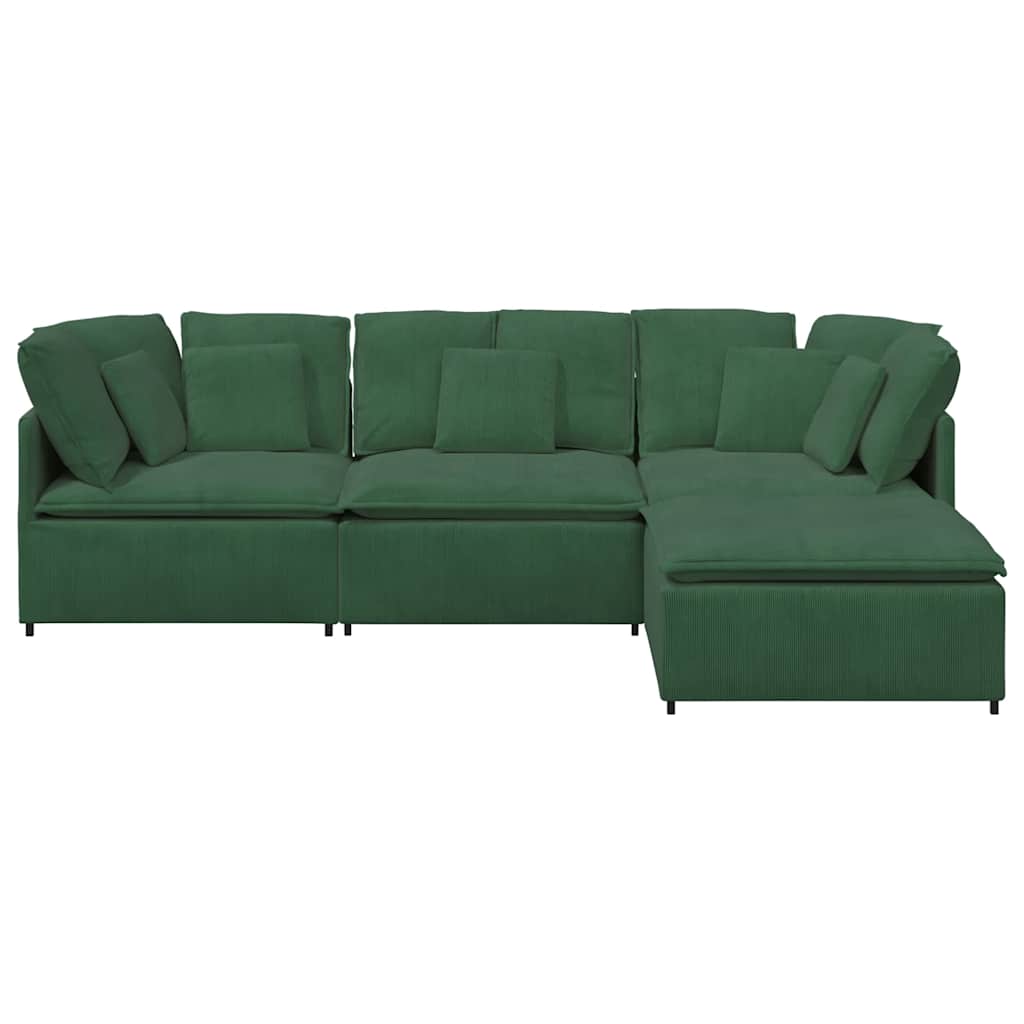 Sofá modular com pufes e almofadas tecido corduroy verde escuro