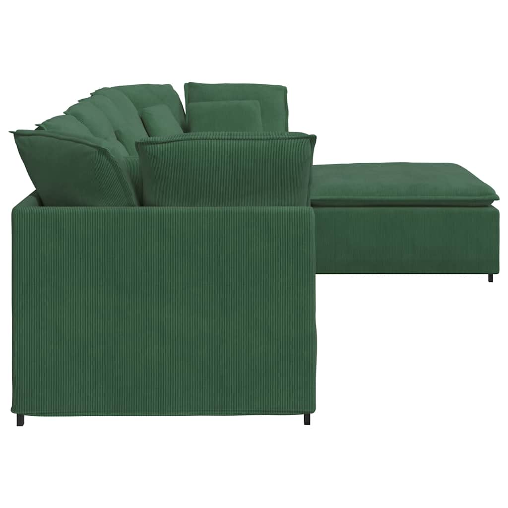 Sofá modular com pufes e almofadas tecido corduroy verde escuro