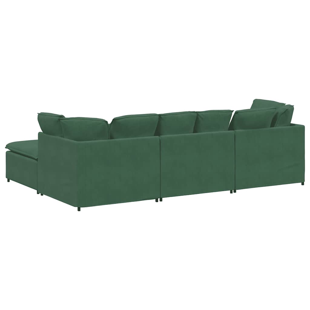 Sofá modular com pufes e almofadas tecido corduroy verde escuro