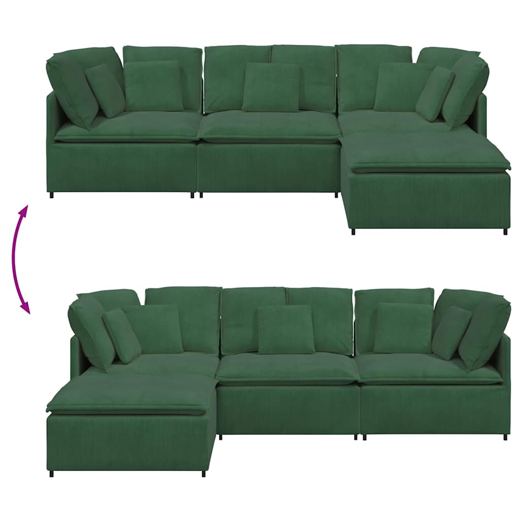 Sofá modular com pufes e almofadas tecido corduroy verde escuro