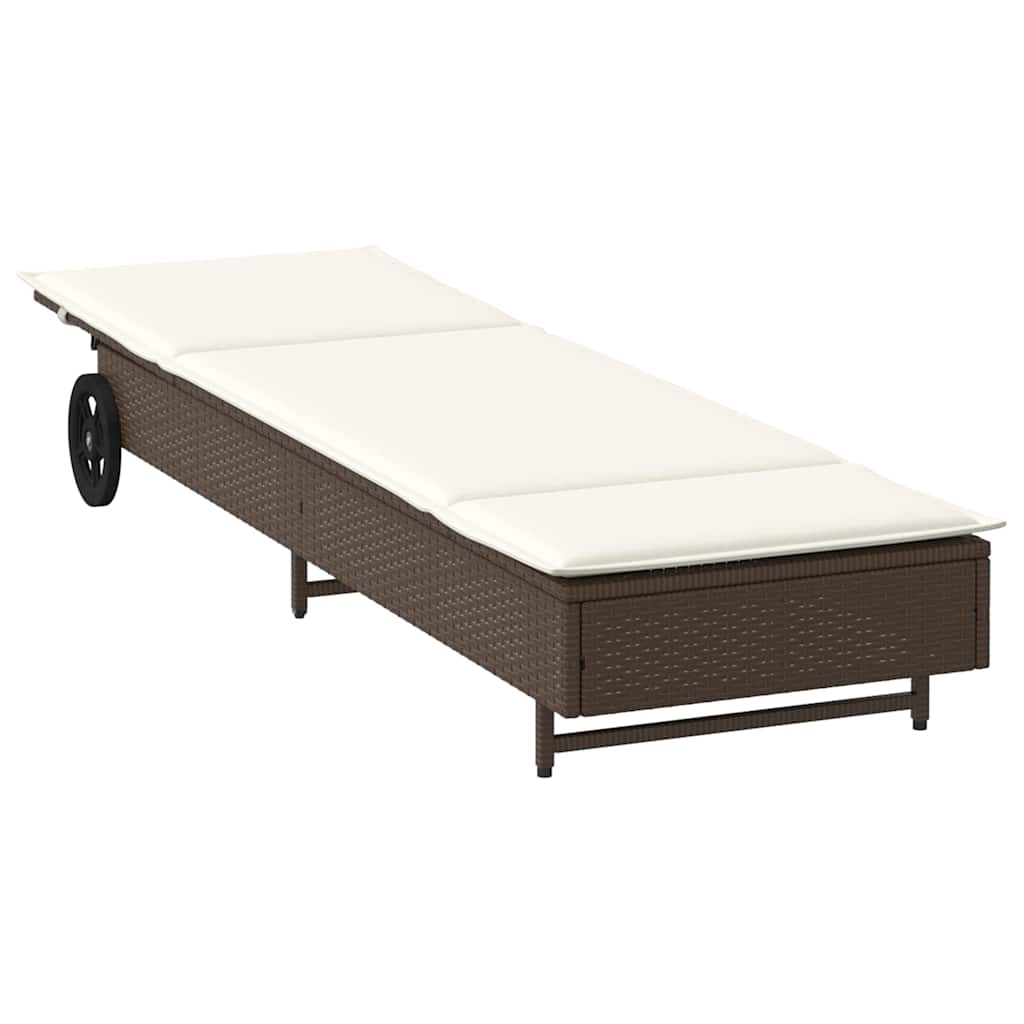 Sun lounger with wheels and cushion in brown PE wicker