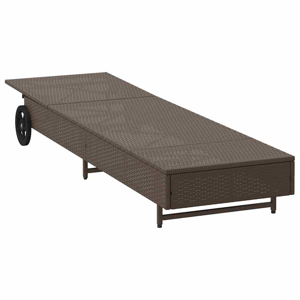 Sun lounger with wheels and cushion in brown PE wicker