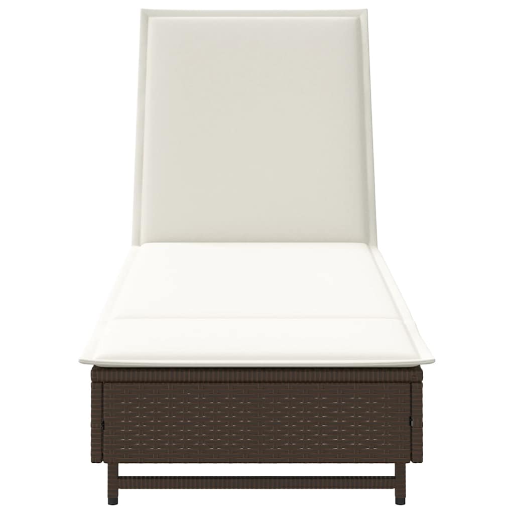 Sun lounger with wheels and cushion in brown PE wicker