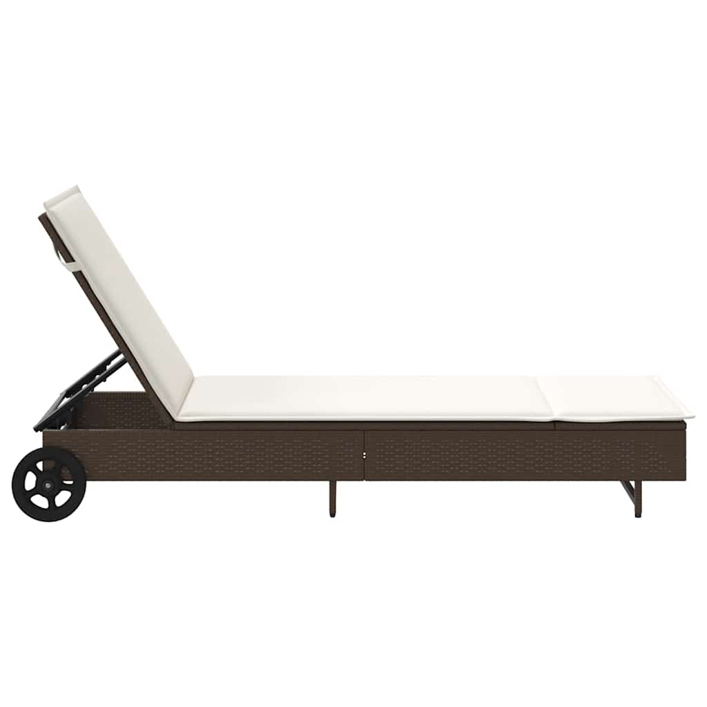 Sun lounger with wheels and cushion in brown PE wicker