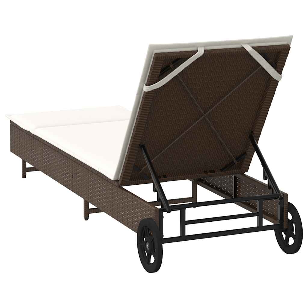 Sun lounger with wheels and cushion in brown PE wicker