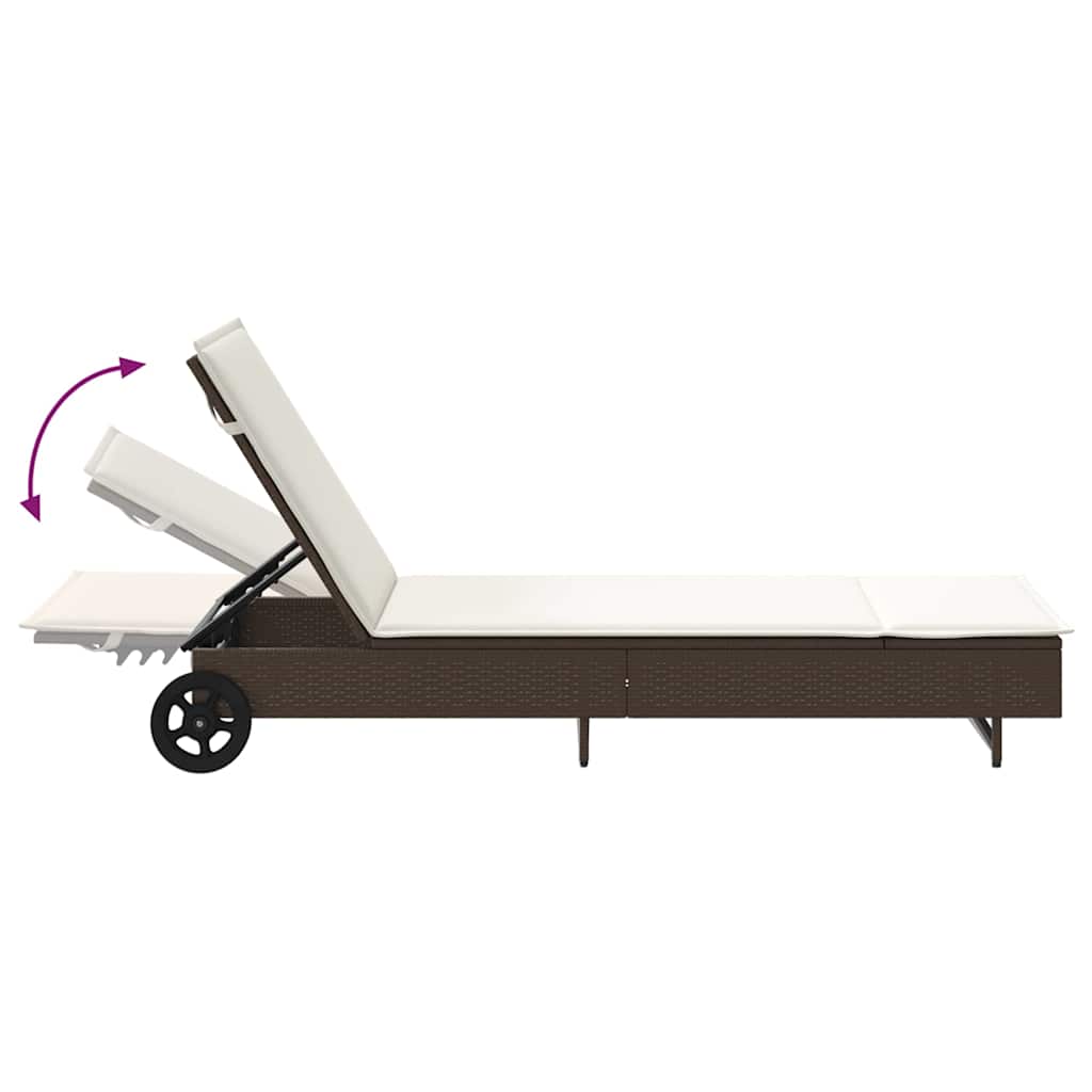 Sun lounger with wheels and cushion in brown PE wicker