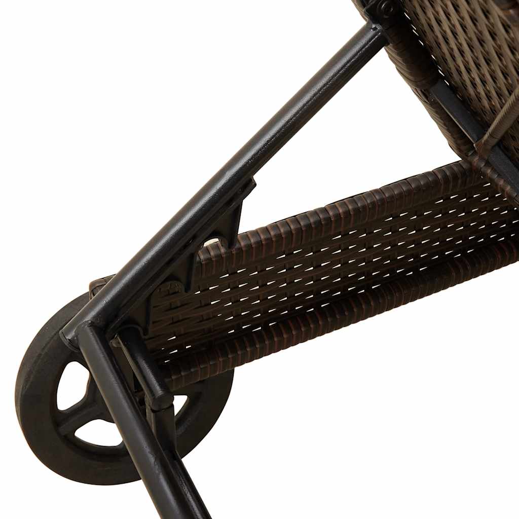 Sun lounger with wheels and cushion in brown PE wicker