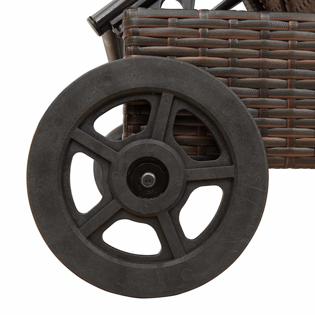 Sun lounger with wheels and cushion in brown PE wicker