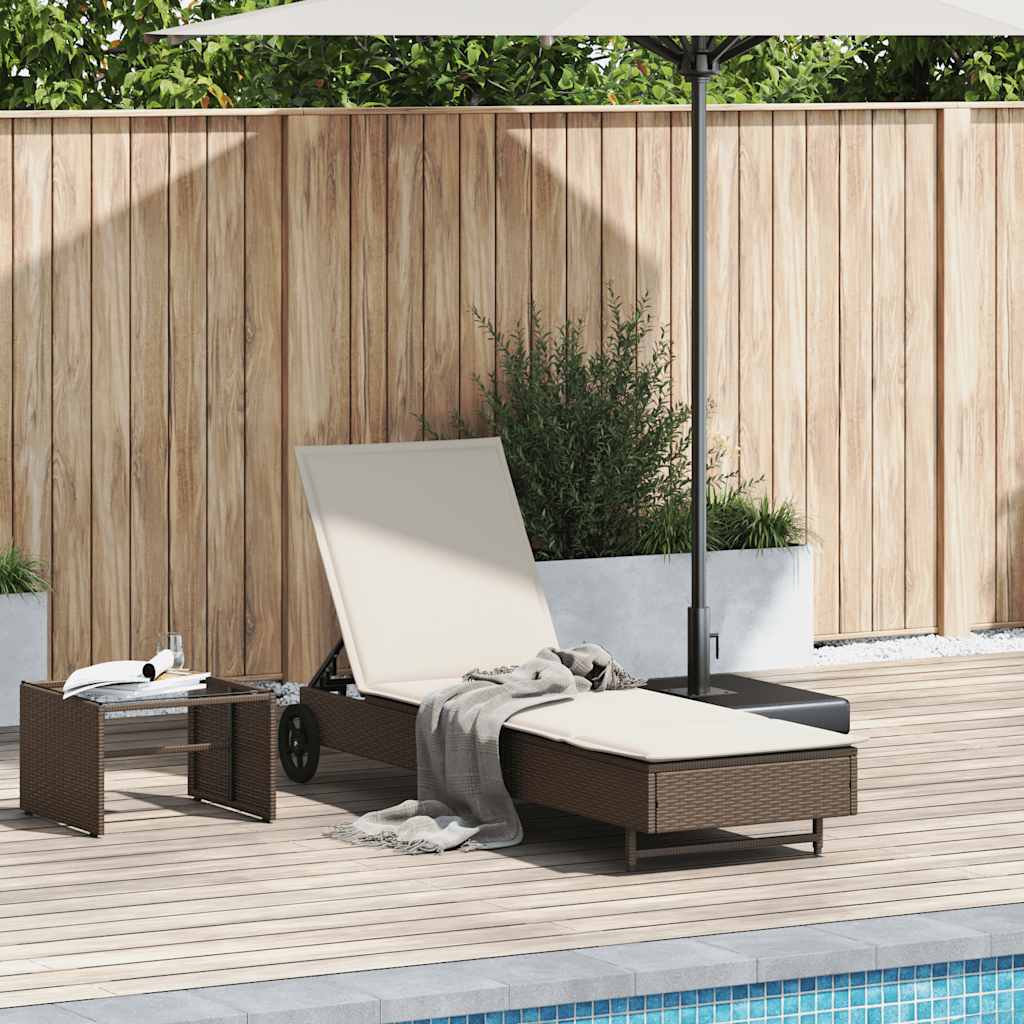 Sun lounger with wheels and cushion in brown PE wicker