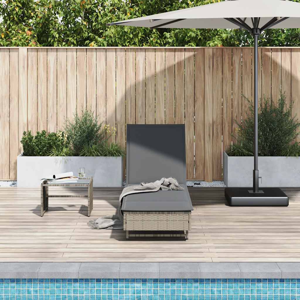 Sun lounger with wheels and cushion in grey PE wicker