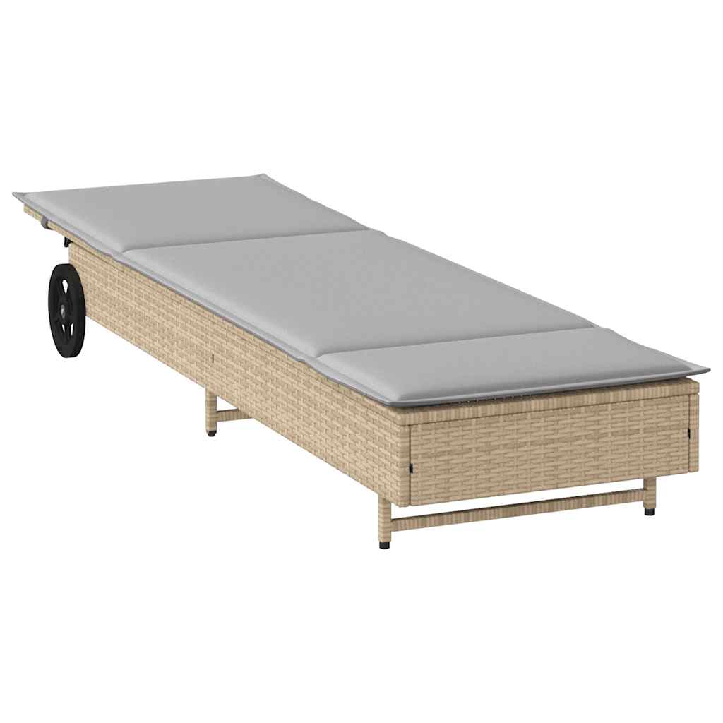Sun lounger with wheels and cushion in grey PE wicker
