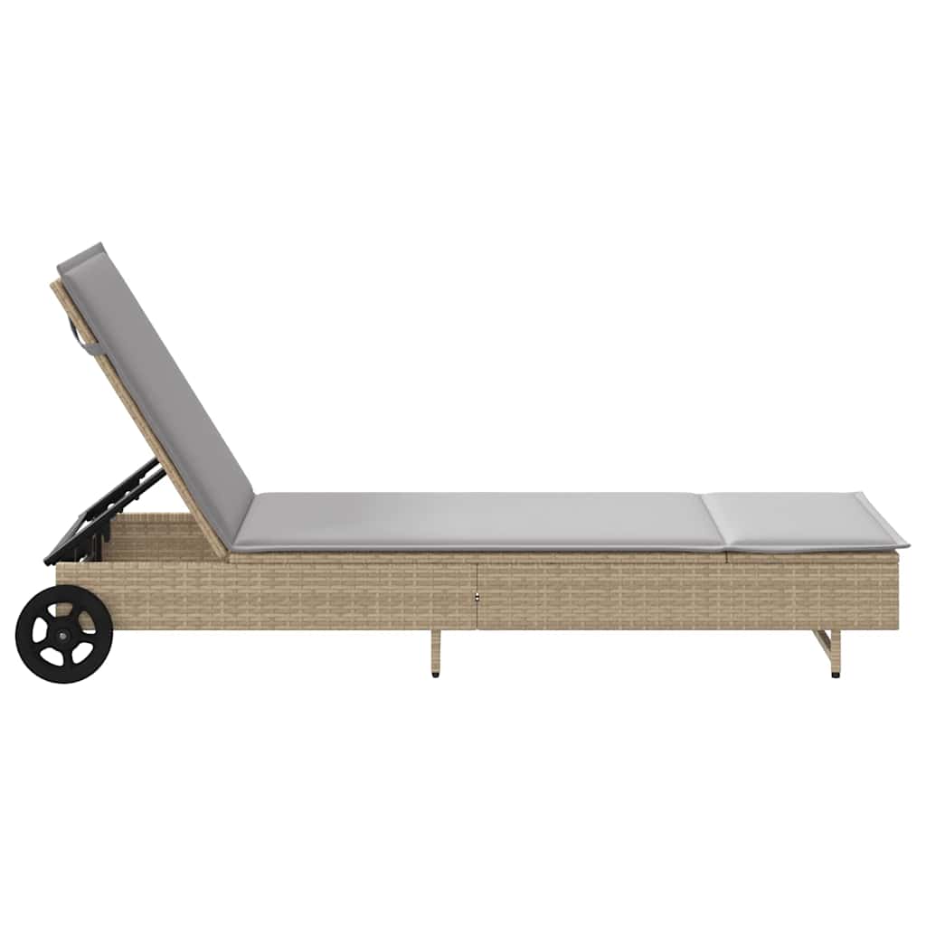 Sun lounger with wheels and cushion in grey PE wicker