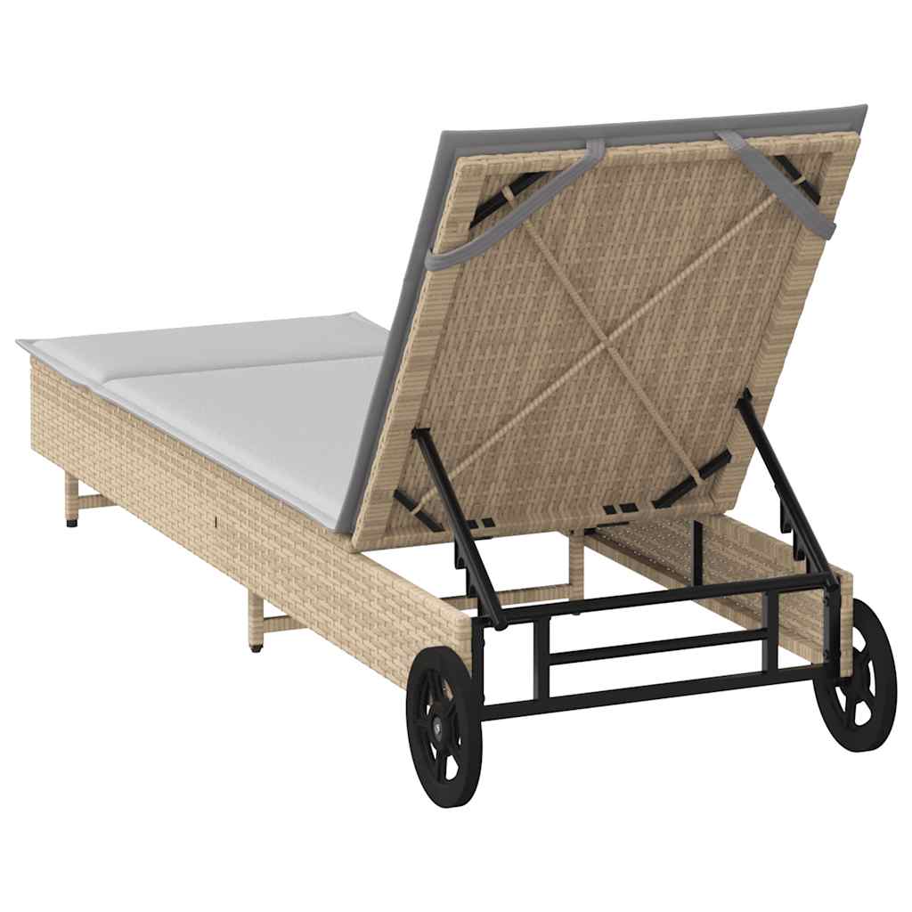 Sun lounger with wheels and cushion in grey PE wicker