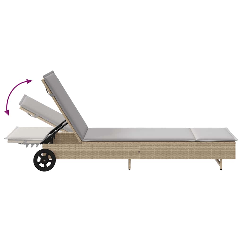 Sun lounger with wheels and cushion in grey PE wicker