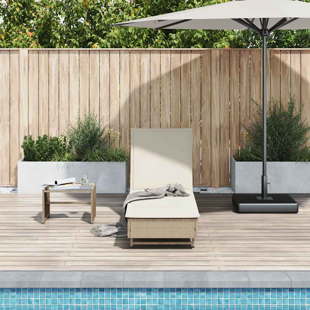 Sun lounger with wheels and cushion in beige PE wicker