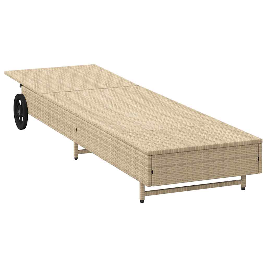 Sun lounger with wheels and cushion in beige PE wicker
