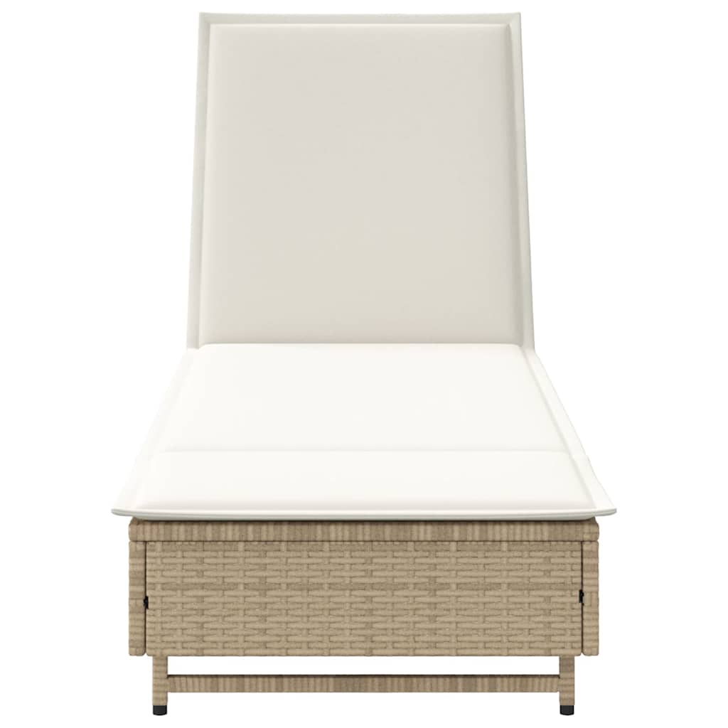 Sun lounger with wheels and cushion in beige PE wicker