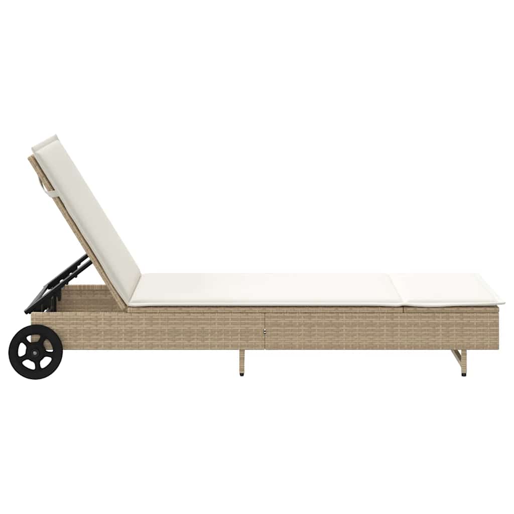 Sun lounger with wheels and cushion in beige PE wicker