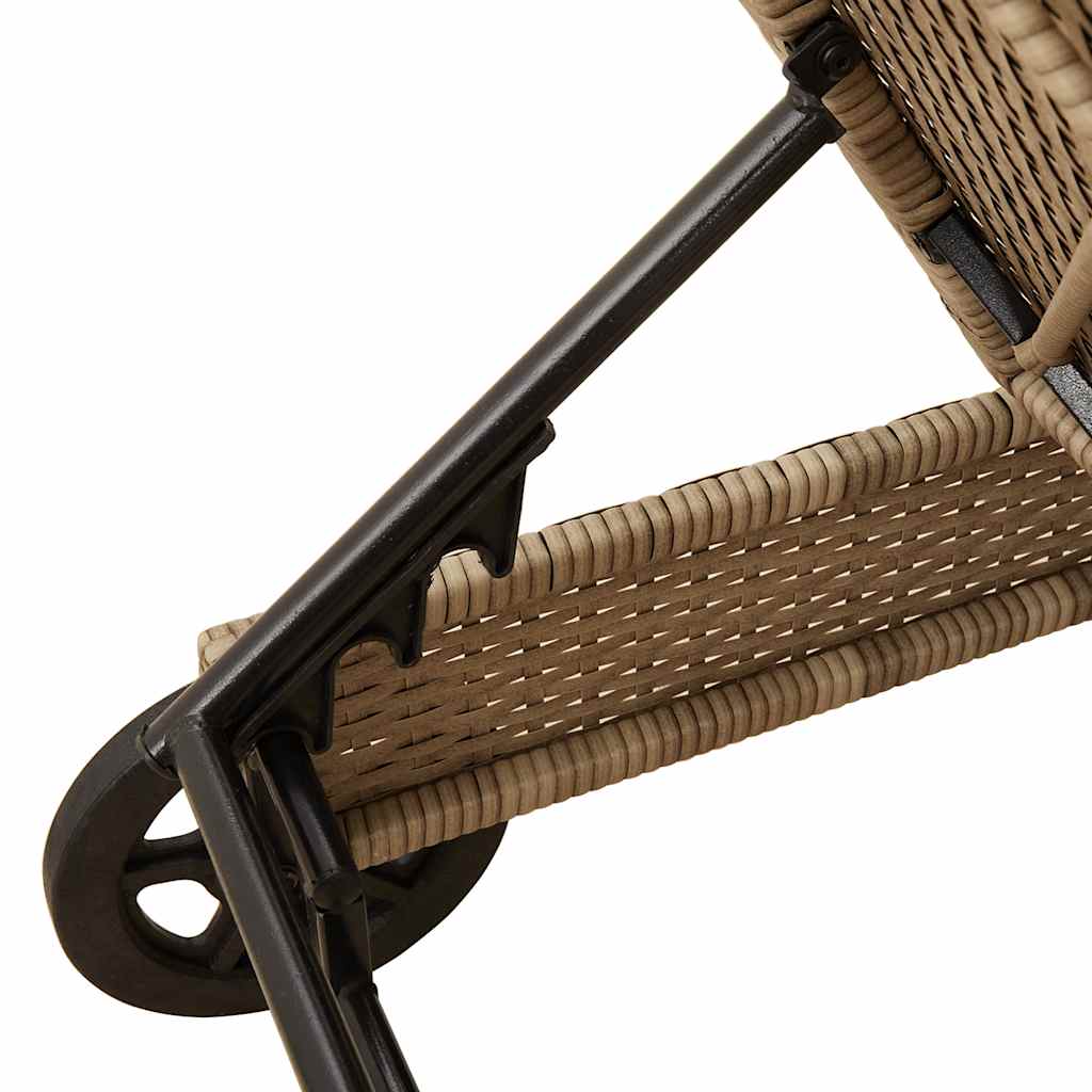 Sun lounger with wheels and cushion in beige PE wicker