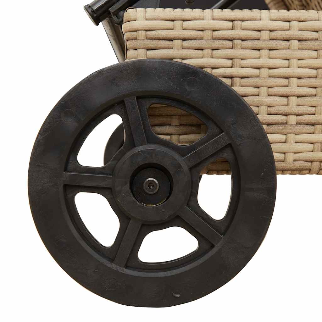 Sun lounger with wheels and cushion in beige PE wicker