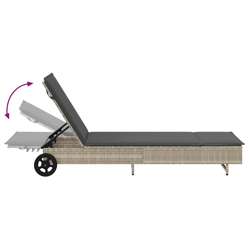 Sun lounger with wheels and cushion in light grey PE wicker