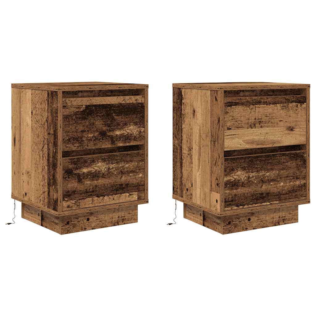 Mesas cabeceira c/ luzes LED 2 pcs 38x34x50 cm madeira velha