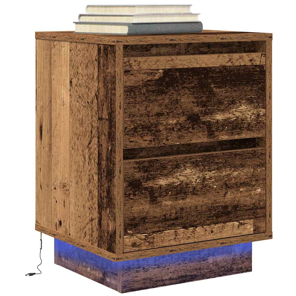 Mesas cabeceira c/ luzes LED 2 pcs 38x34x50 cm madeira velha
