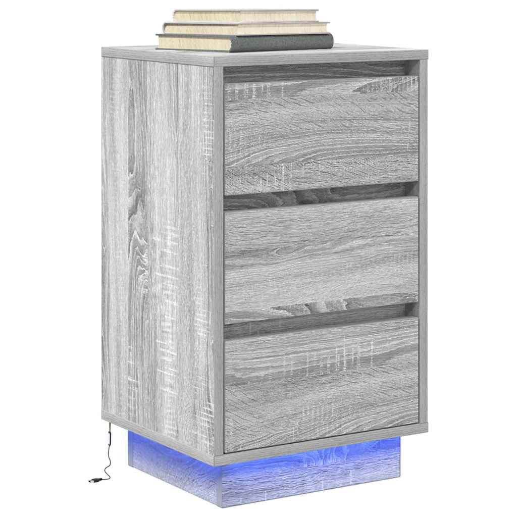 Mesa de cabeceira com luzes LED 38x34x65 cm cinzento-sonoma