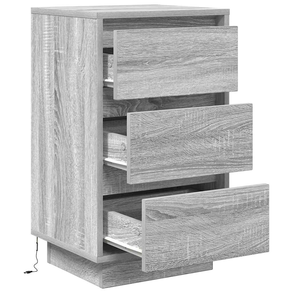 Mesa de cabeceira com luzes LED 38x34x65 cm cinzento-sonoma