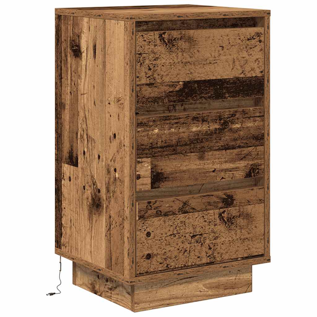 Mesa de cabeceira com luzes LED 38x34x65 cm madeira velha