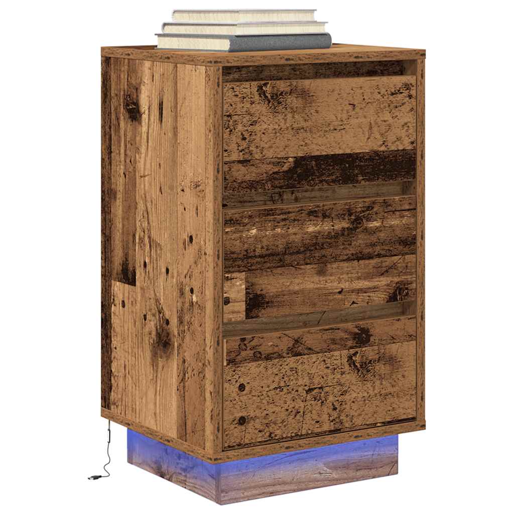 Mesa de cabeceira com luzes LED 38x34x65 cm madeira velha