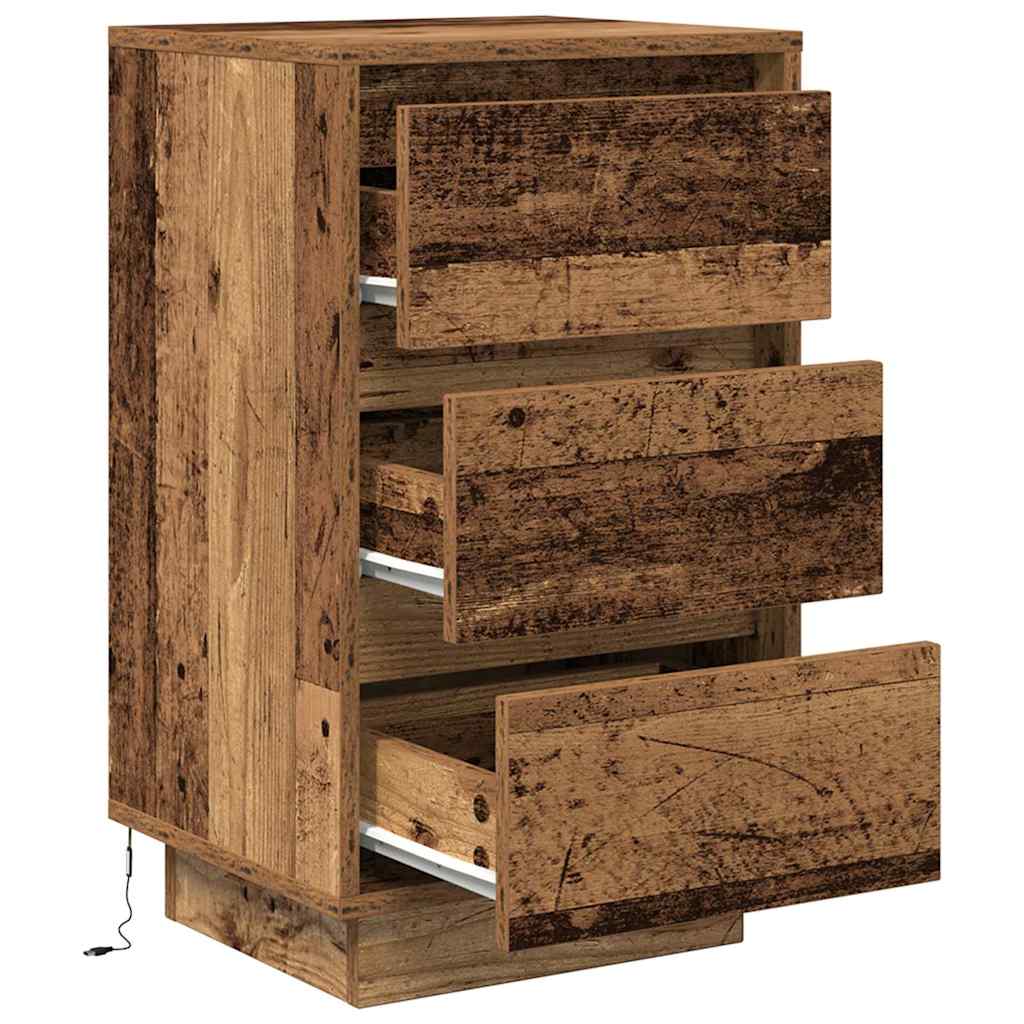 Mesa de cabeceira com luzes LED 38x34x65 cm madeira velha