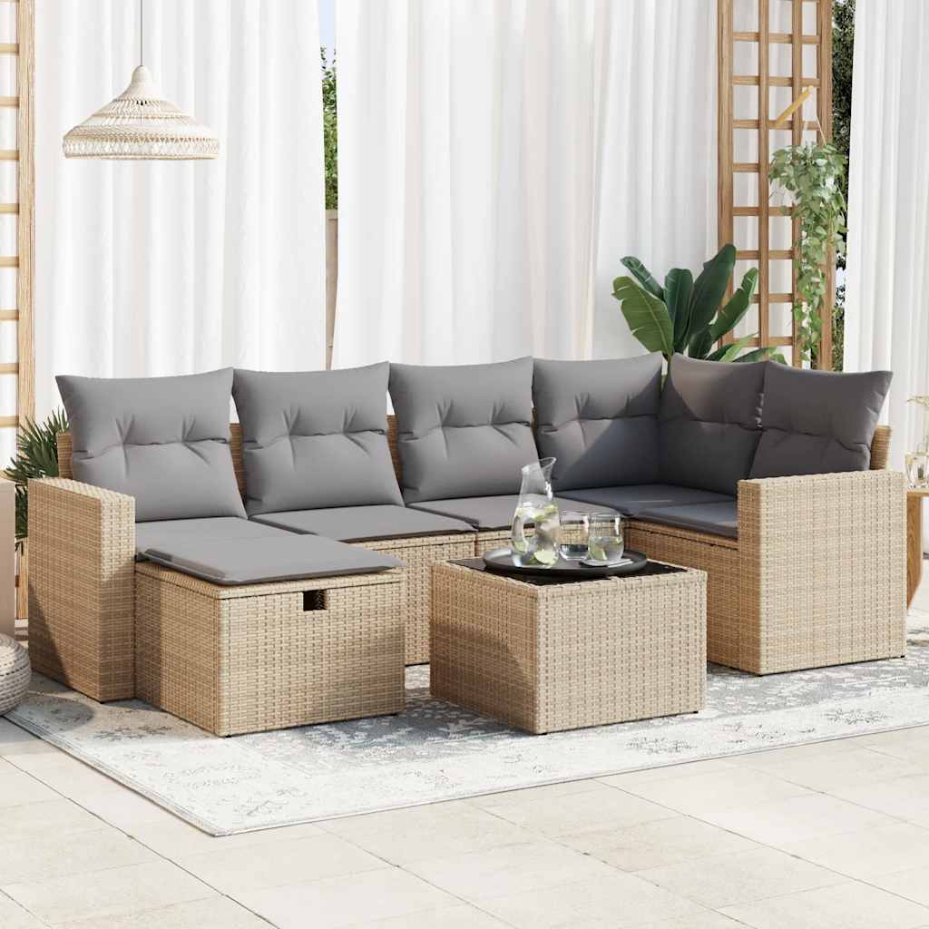 7 pcs garden sofa set with cushions poly rattan beige