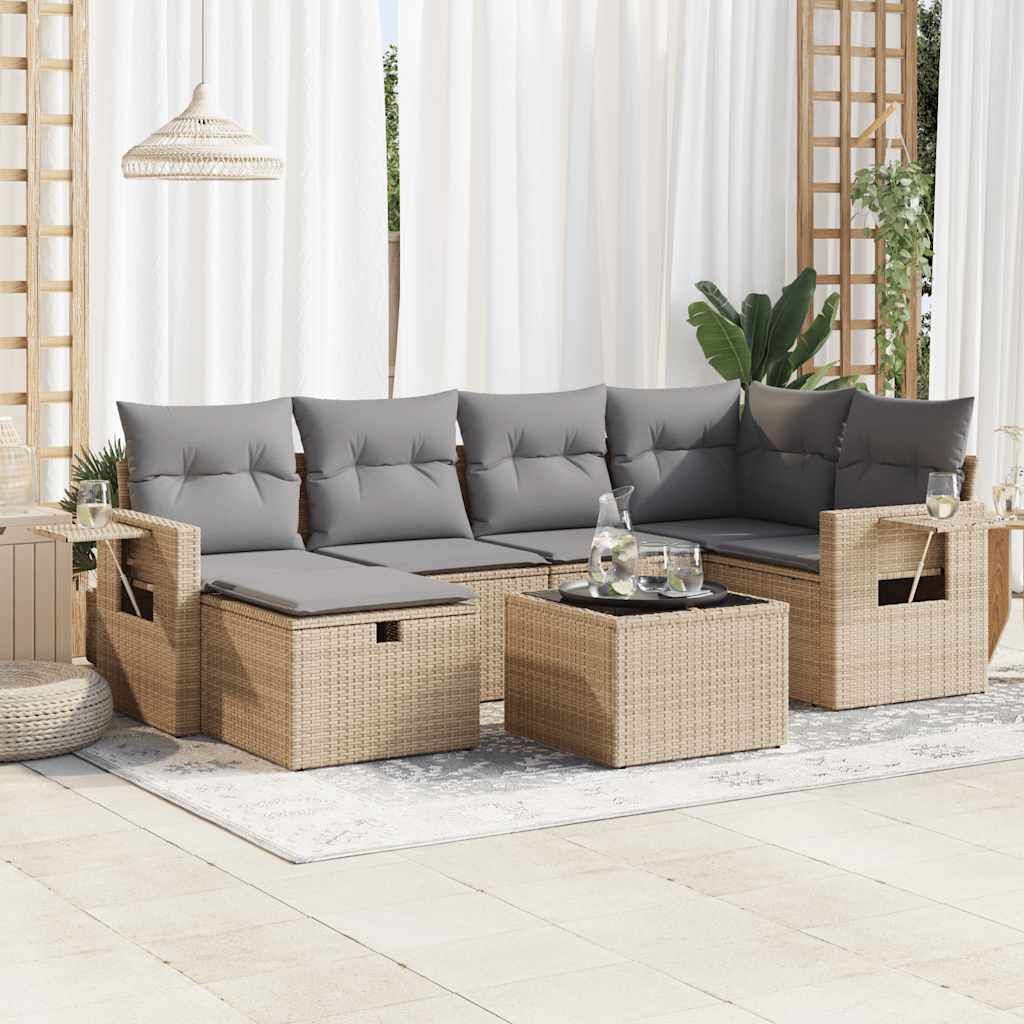7 pcs garden sofa set with cushions poly rattan beige