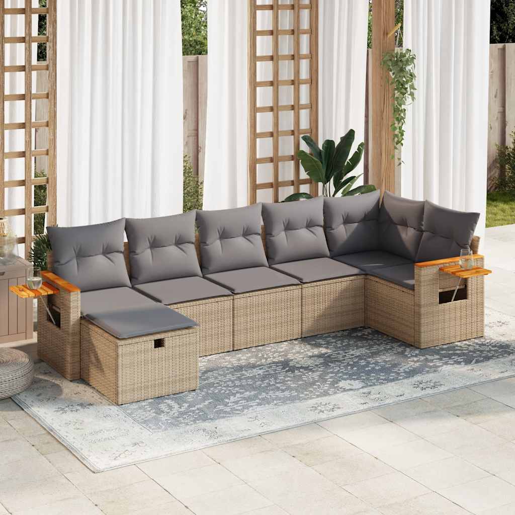 7 pcs garden sofa set with cushions poly rattan beige