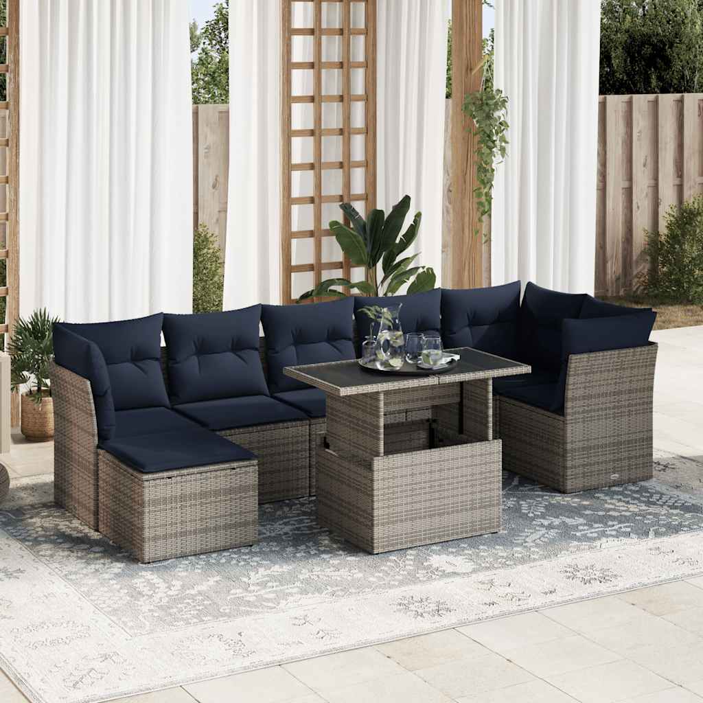 7 pcs conjunto sofás jardim almofadões vime PE/acácia cinzento