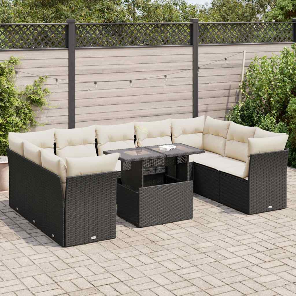 10 pcs garden sofa set with cushions poly rattan black