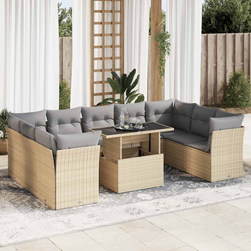 10 pcs garden sofa set with cushions PE rattan beige