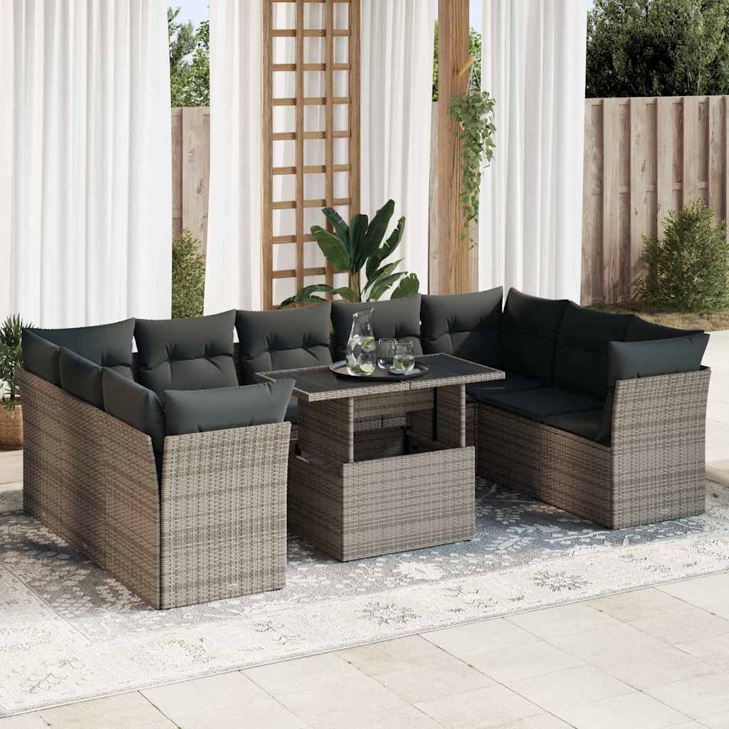 10 pcs garden sofa set with cushions poly rattan grey