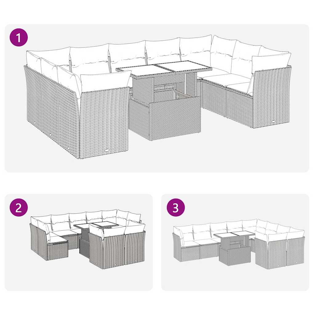 10 pcs garden sofa set with cushions poly rattan brown