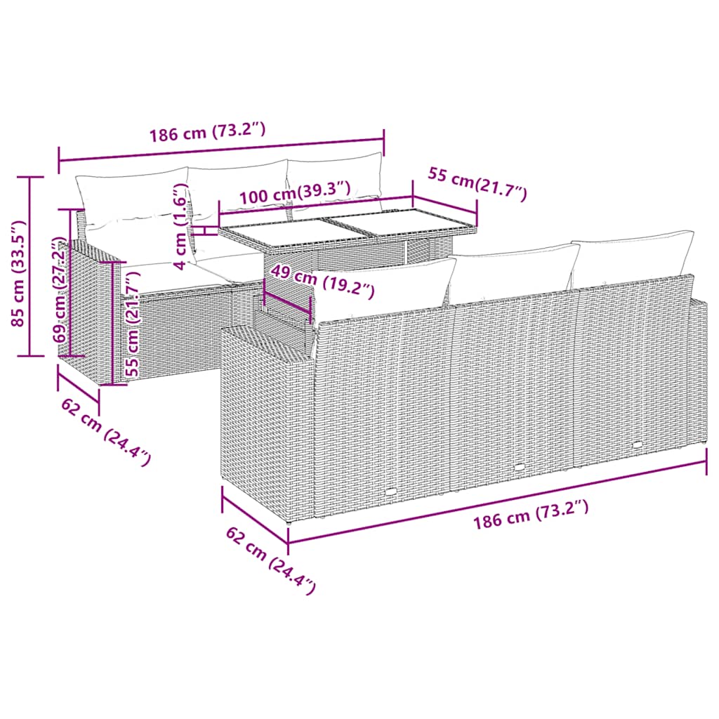 7 pcs conjunto sofás jardim almofadões vime PE/acácia cinzento