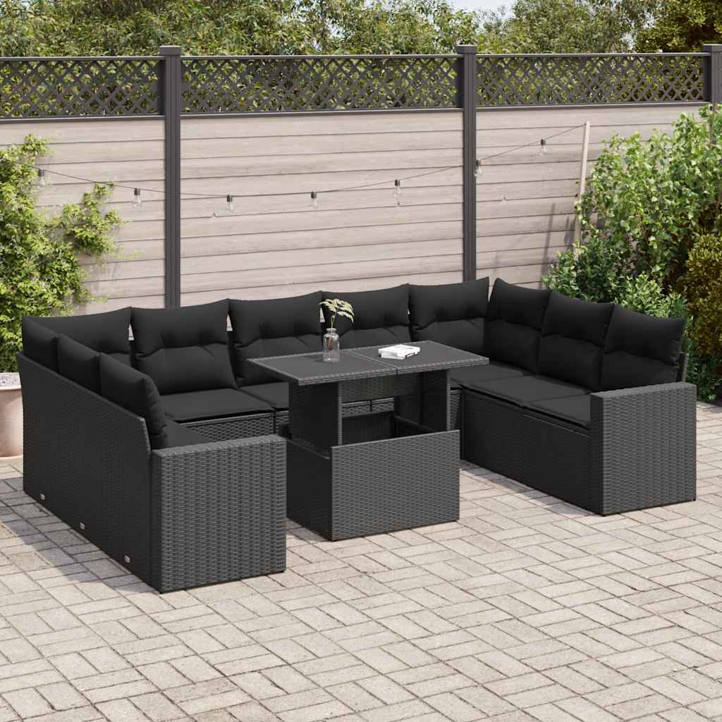 10 pcs garden sofa set with cushions poly rattan black