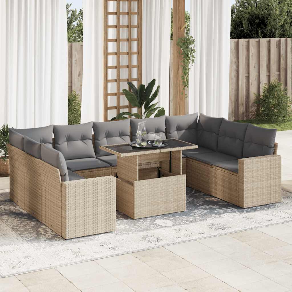 10 pcs garden sofa set with cushions PE rattan beige